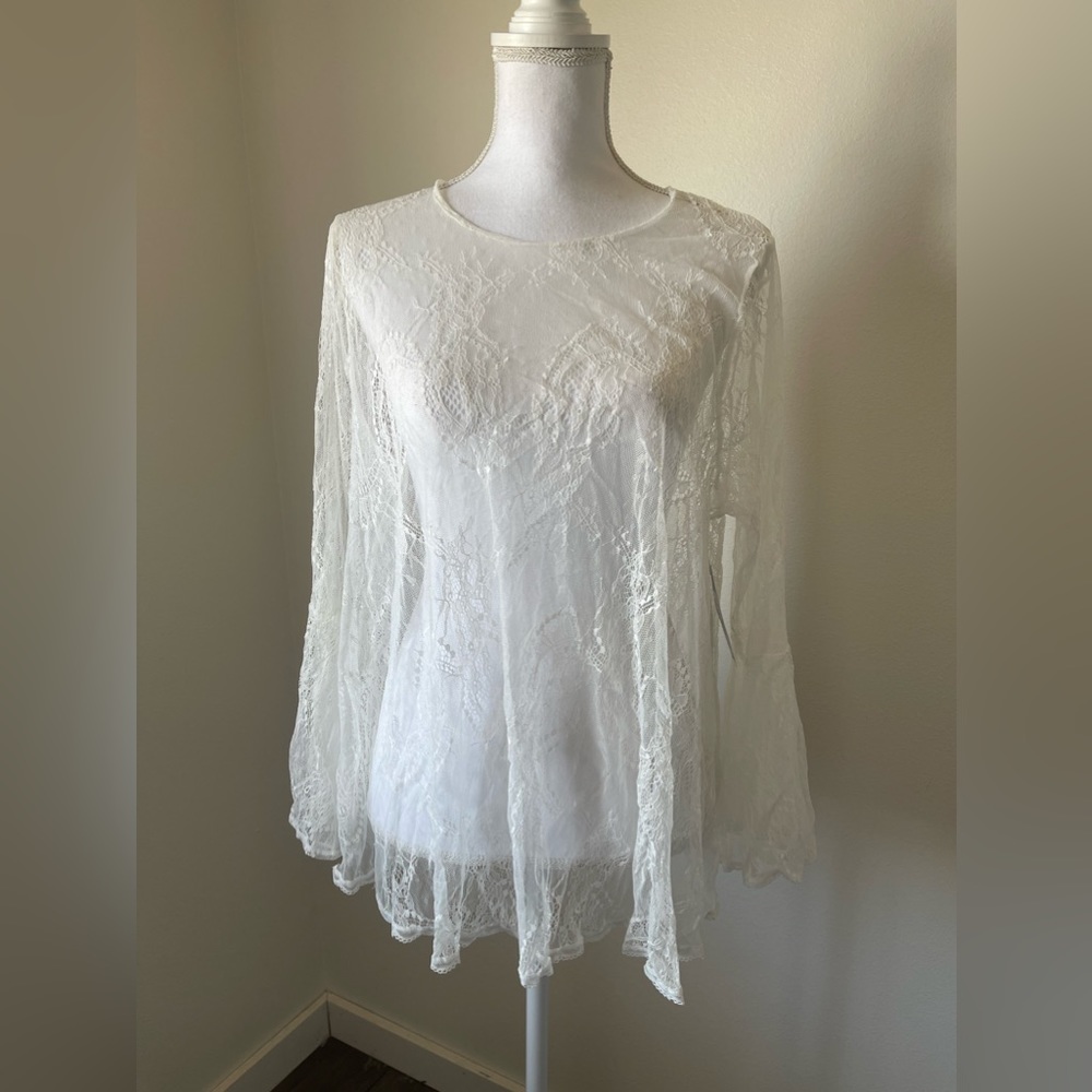 NWT Long Trumpet Sleeve White Lace Lingerie Top